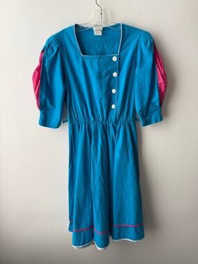 Vintage Puff Sleeve Square Neck Dress Blue Pink Midi Cottage Clown Maximalist S